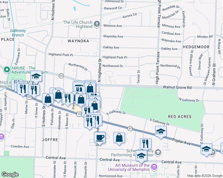map of restaurants, bars, coffee shops, grocery stores, and more near 3565 Walnut Grove Road in Memphis