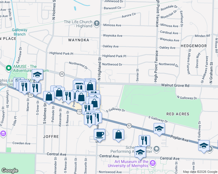 map of restaurants, bars, coffee shops, grocery stores, and more near 3565 Walnut Grove Road in Memphis