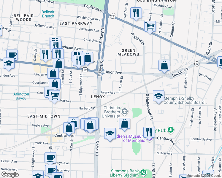 map of restaurants, bars, coffee shops, grocery stores, and more near 167 Roberta Drive in Memphis