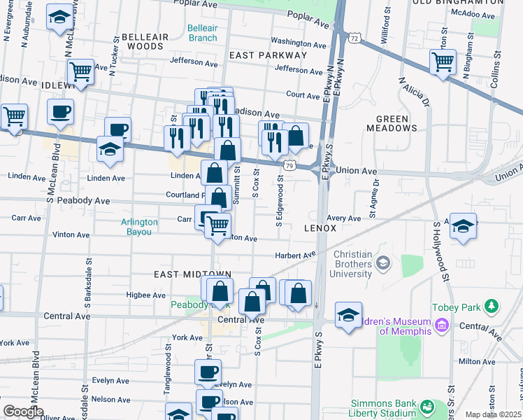 map of restaurants, bars, coffee shops, grocery stores, and more near 2221 Brewers Landing in Memphis