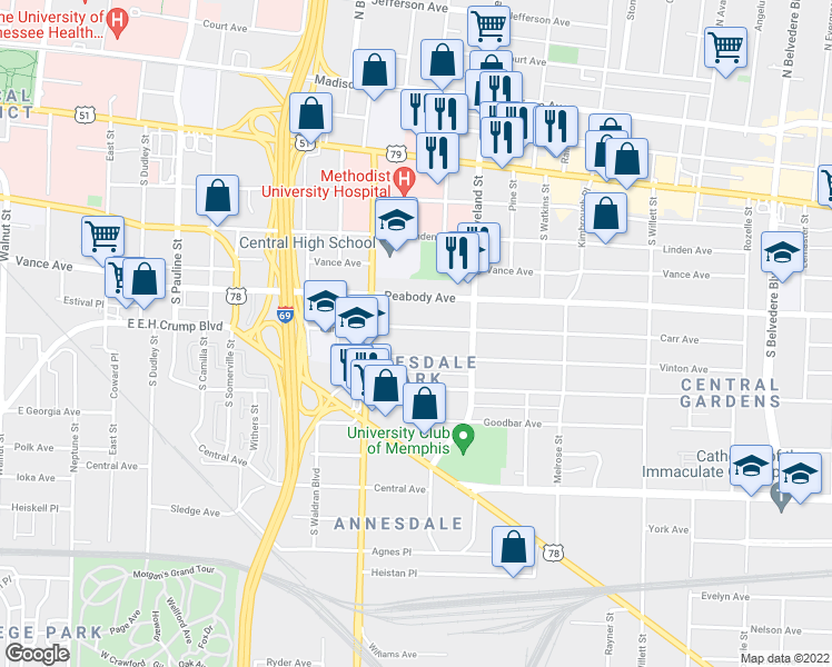 map of restaurants, bars, coffee shops, grocery stores, and more near 1265 Carr Avenue in Memphis