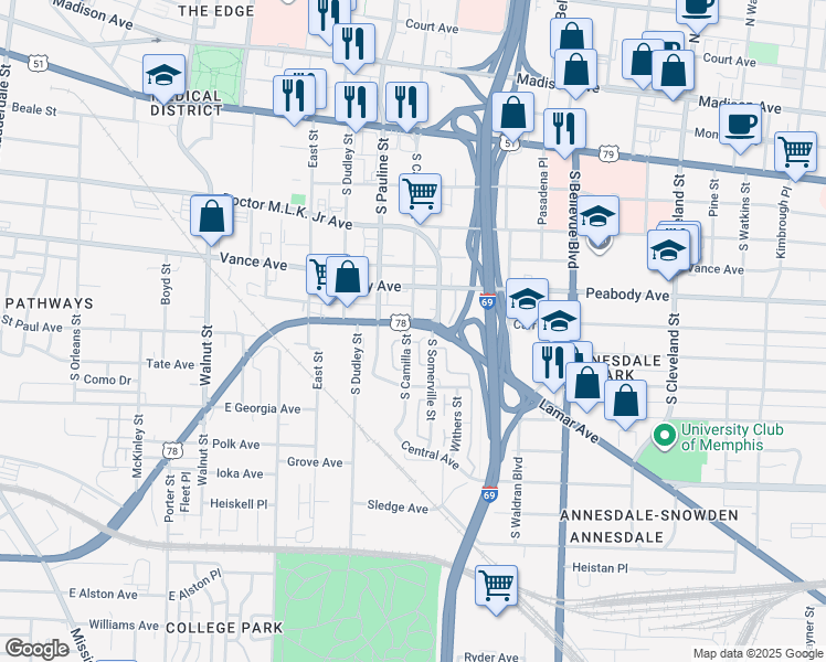 map of restaurants, bars, coffee shops, grocery stores, and more near 1043 East E.H.Crump Boulevard in Memphis