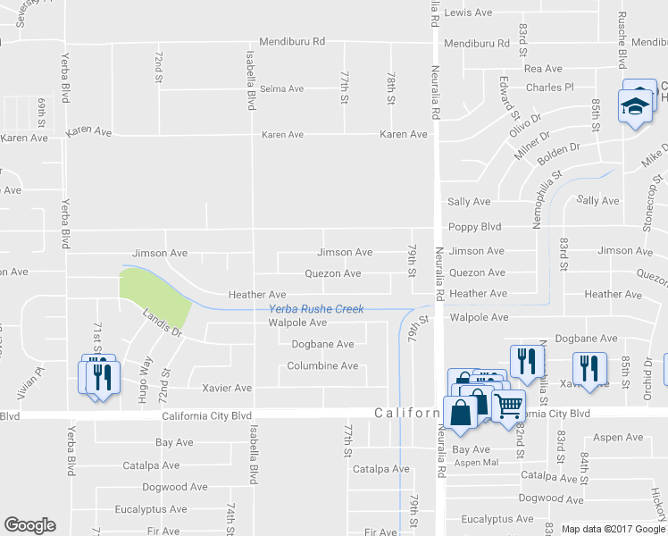 map of restaurants, bars, coffee shops, grocery stores, and more near 7673 Quezon Avenue in California City