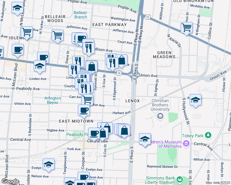 map of restaurants, bars, coffee shops, grocery stores, and more near 2260 Tunis Cove in Memphis