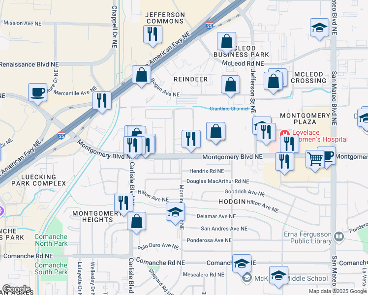 map of restaurants, bars, coffee shops, grocery stores, and more near 4043 Montgomery Boulevard Northeast in Albuquerque