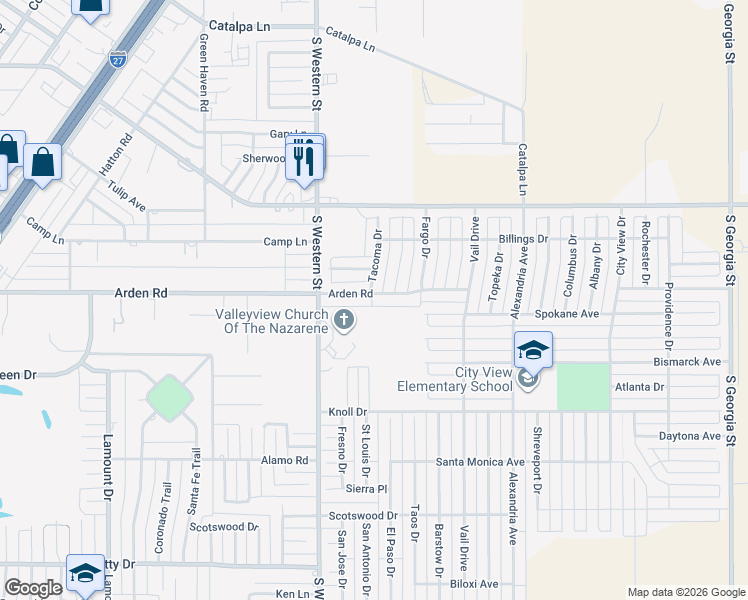 map of restaurants, bars, coffee shops, grocery stores, and more near 3817 Arden Road in Amarillo