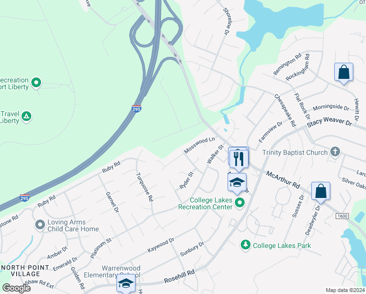 map of restaurants, bars, coffee shops, grocery stores, and more near 1030 Bradley Street in Fayetteville