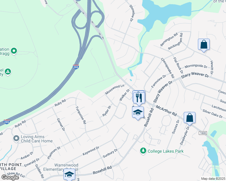 map of restaurants, bars, coffee shops, grocery stores, and more near 645 Mosswood Lane in Fayetteville