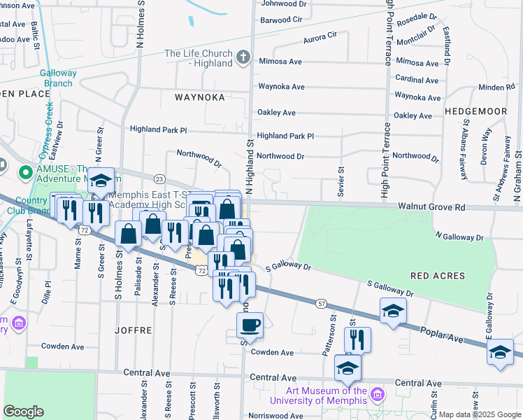 map of restaurants, bars, coffee shops, grocery stores, and more near 3509 Walnut Grove Road in Memphis