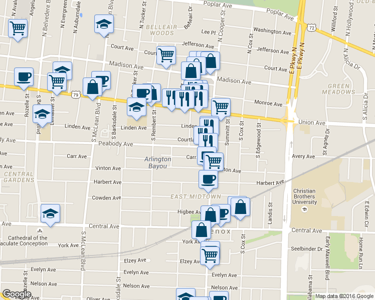 map of restaurants, bars, coffee shops, grocery stores, and more near 2071 Peabody Avenue in Memphis
