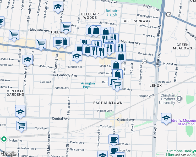 map of restaurants, bars, coffee shops, grocery stores, and more near 523 Diana Street in Memphis