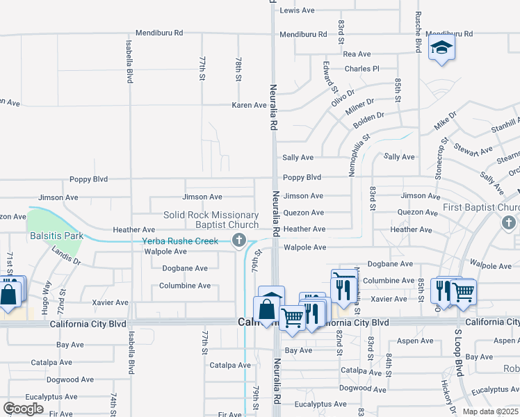 map of restaurants, bars, coffee shops, grocery stores, and more near 21400 79th Street in California City