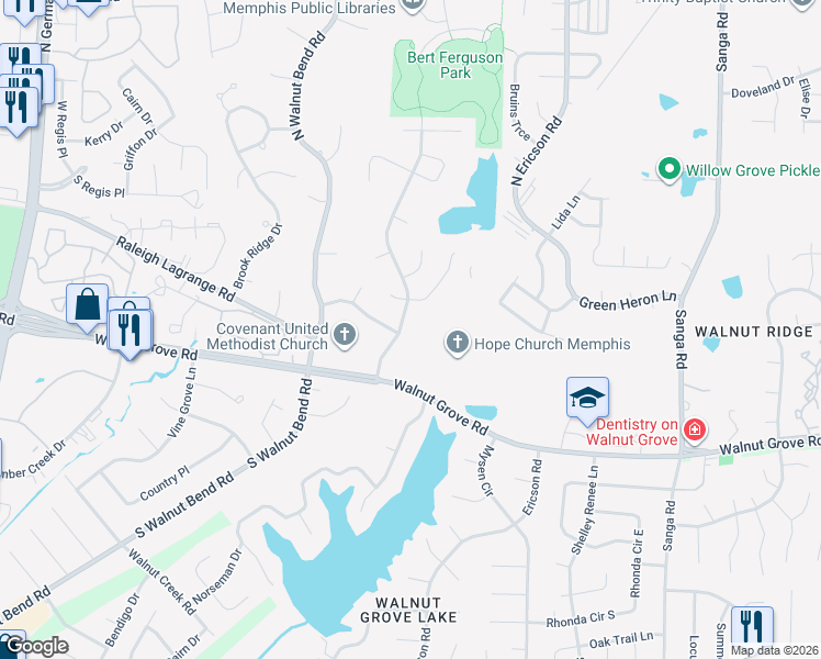 map of restaurants, bars, coffee shops, grocery stores, and more near 238 Walnut Trace Drive in Memphis