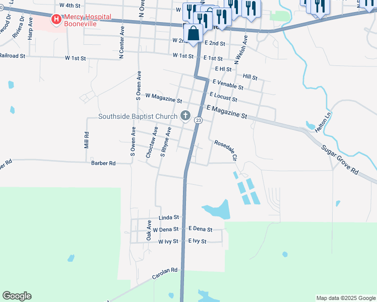 map of restaurants, bars, coffee shops, grocery stores, and more near 723 South Sharpe Avenue in Booneville