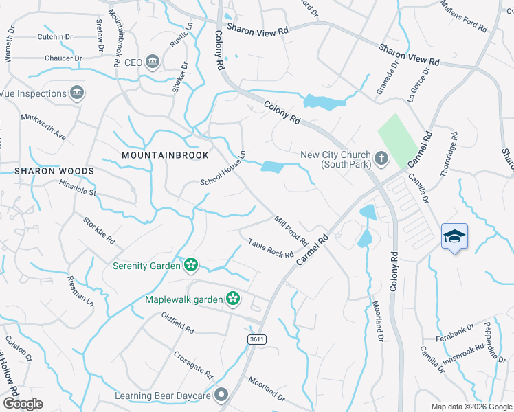 map of restaurants, bars, coffee shops, grocery stores, and more near 3524 Mill Pond Road in Charlotte
