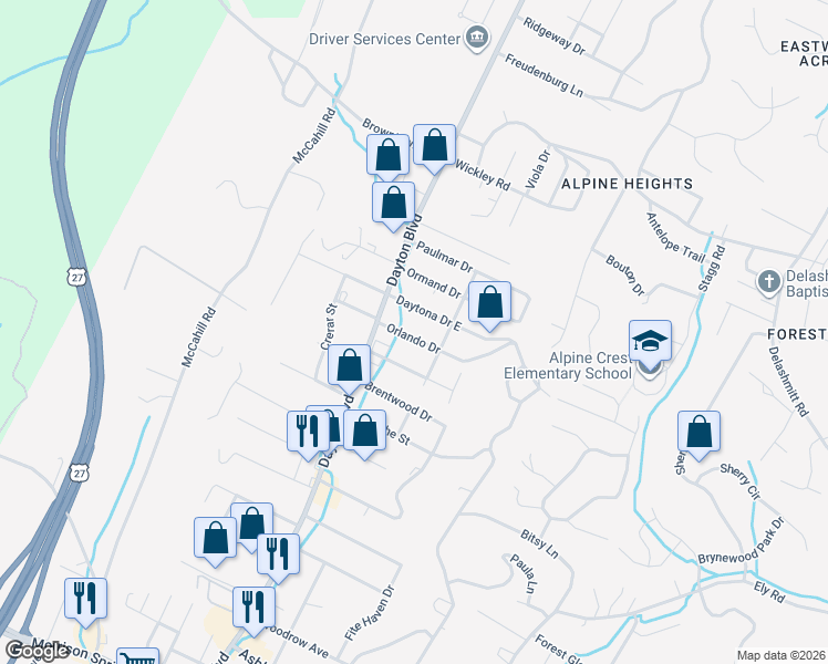 map of restaurants, bars, coffee shops, grocery stores, and more near 11 Orlando Drive in Chattanooga