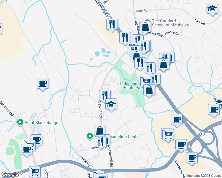 map of restaurants, bars, coffee shops, grocery stores, and more near 915 Matthews Commons Drive in Matthews