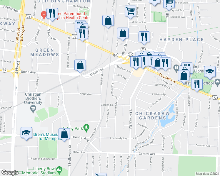 map of restaurants, bars, coffee shops, grocery stores, and more near 31 S Larchmont Dr in Memphis