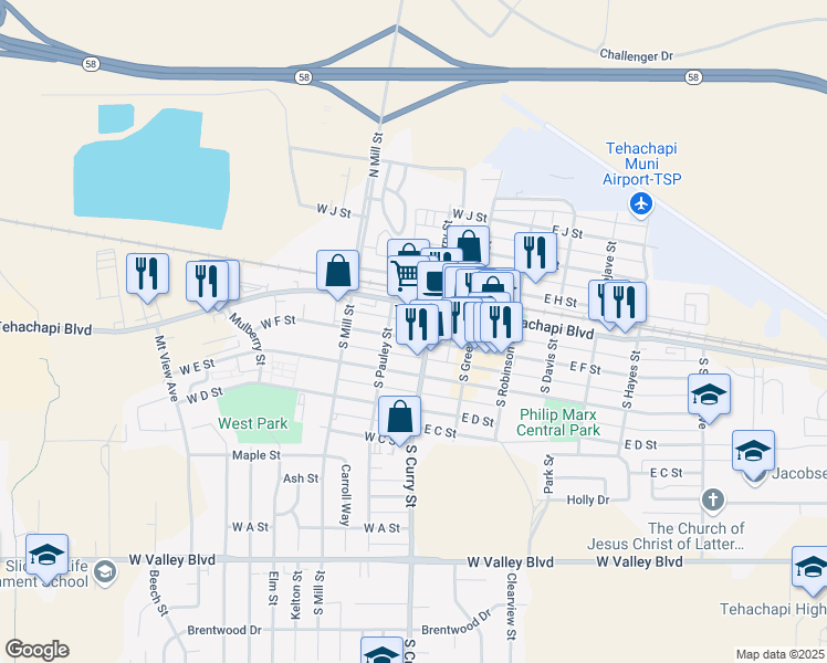 map of restaurants, bars, coffee shops, grocery stores, and more near 211 West F Street in Tehachapi
