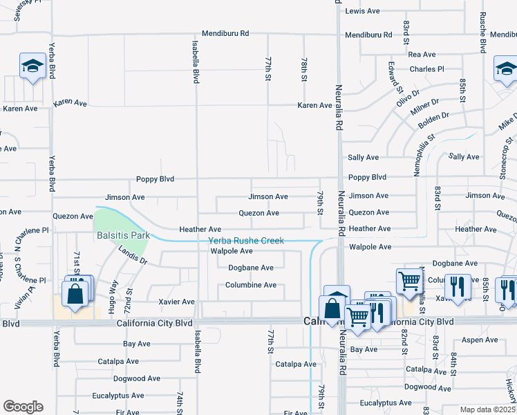 map of restaurants, bars, coffee shops, grocery stores, and more near 7673 Quezon Avenue in California City