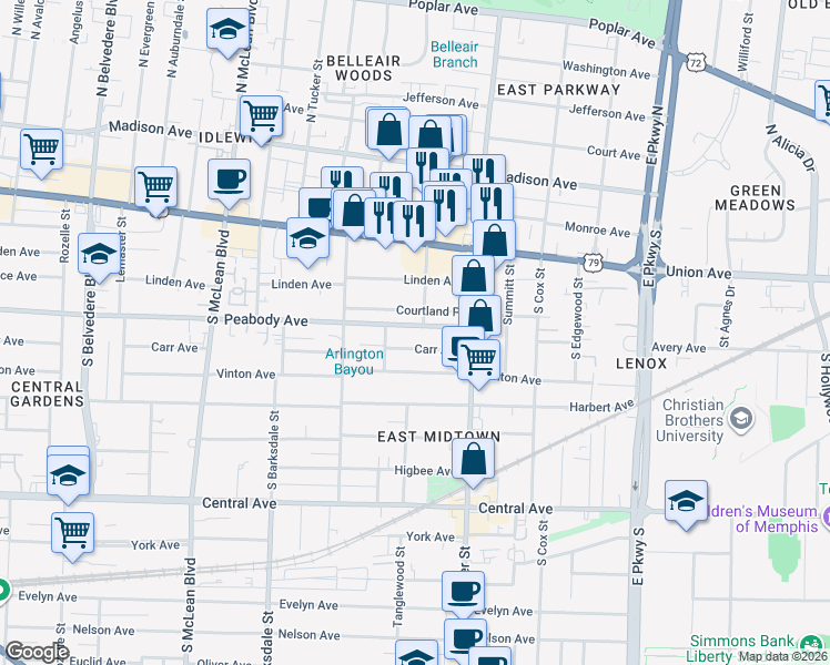 map of restaurants, bars, coffee shops, grocery stores, and more near 2071 Peabody Avenue in Memphis