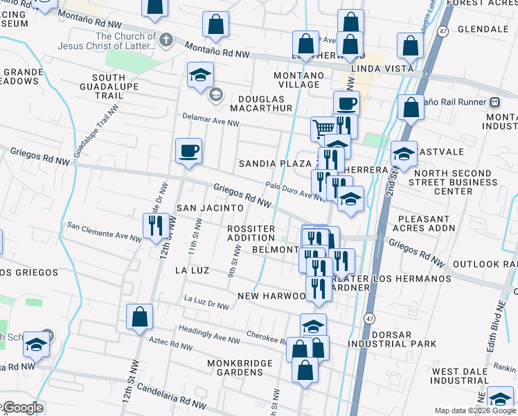 map of restaurants, bars, coffee shops, grocery stores, and more near 704 Griegos Road Northwest in Albuquerque