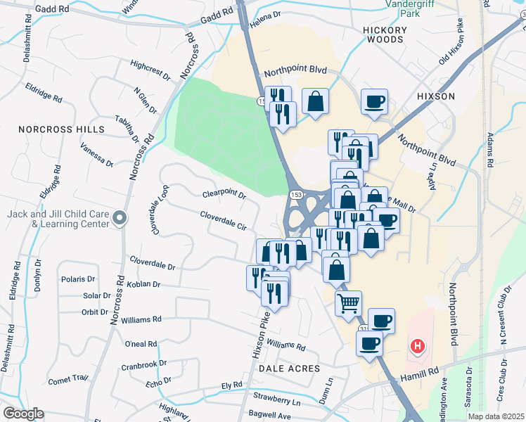 map of restaurants, bars, coffee shops, grocery stores, and more near 1425 Clearpoint Drive in Chattanooga