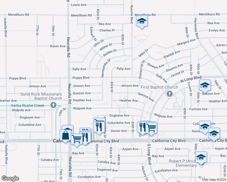map of restaurants, bars, coffee shops, grocery stores, and more near 8301 Quezon Avenue in California City