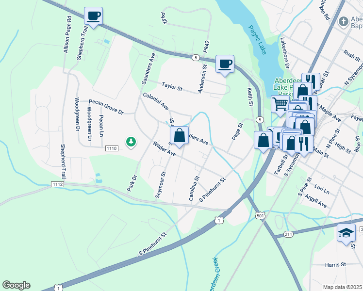 map of restaurants, bars, coffee shops, grocery stores, and more near 406 Sanborn Street in Aberdeen