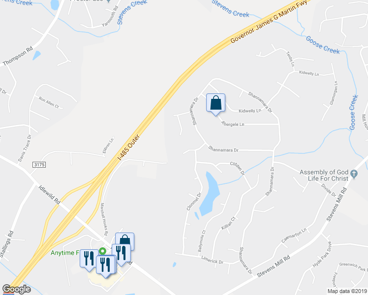 map of restaurants, bars, coffee shops, grocery stores, and more near 5634 Anglesey Court in Matthews