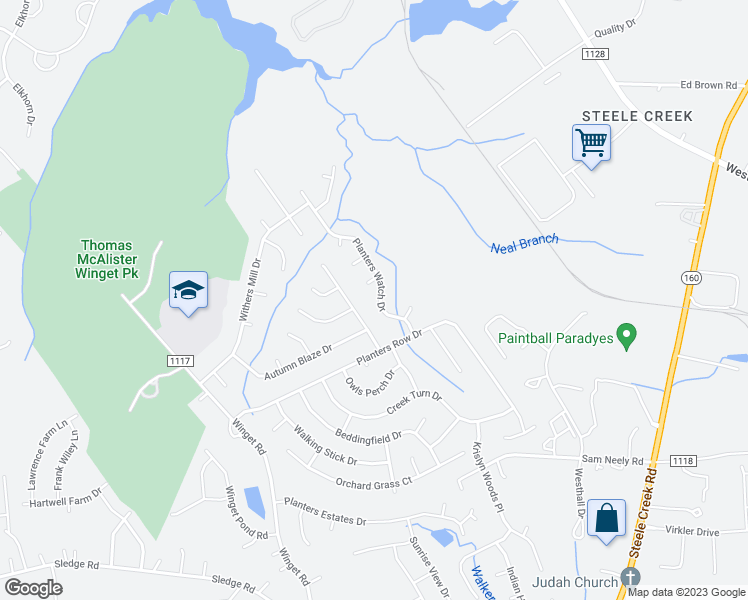 map of restaurants, bars, coffee shops, grocery stores, and more near 4130 Planters Watch Drive in Charlotte