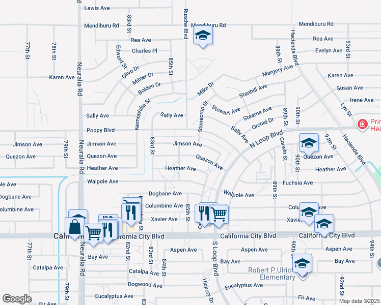 map of restaurants, bars, coffee shops, grocery stores, and more near Quezon Avenue in California City