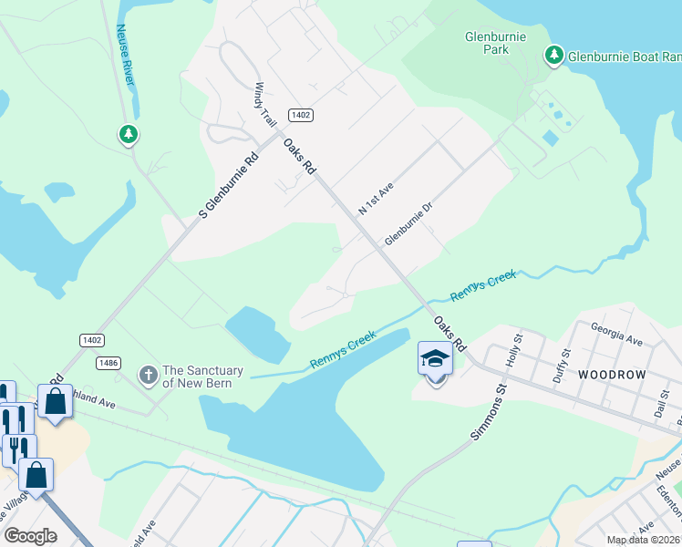 map of restaurants, bars, coffee shops, grocery stores, and more near 112 Mourning Dove Trail in New Bern