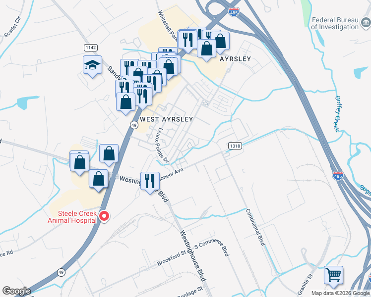 map of restaurants, bars, coffee shops, grocery stores, and more near 7630 Turley Ridge Lane in Charlotte