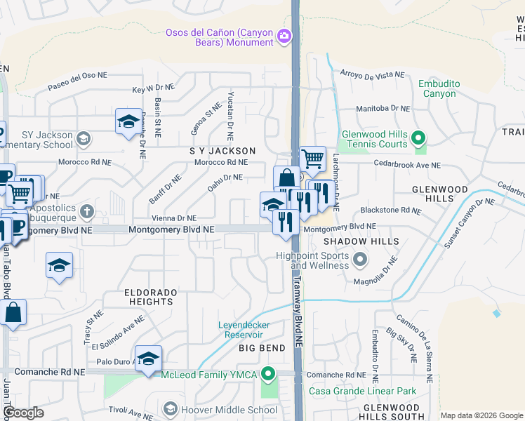 map of restaurants, bars, coffee shops, grocery stores, and more near 4571 Villa Loma Lane Northeast in Albuquerque