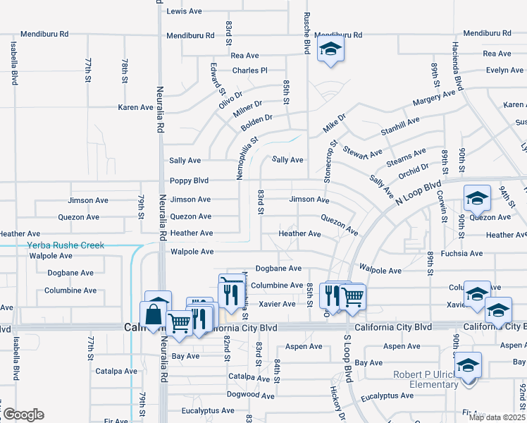 map of restaurants, bars, coffee shops, grocery stores, and more near 8301 Quezon Avenue in California City