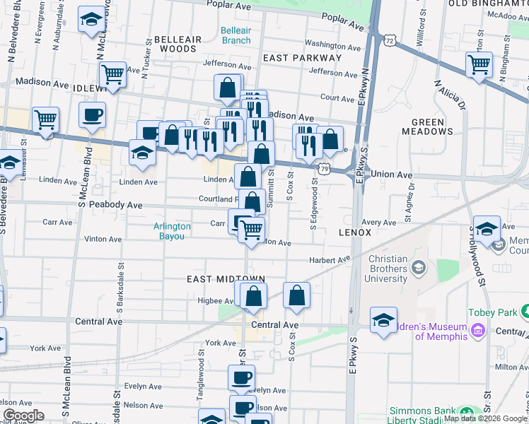 map of restaurants, bars, coffee shops, grocery stores, and more near 521 Summitt Street in Memphis