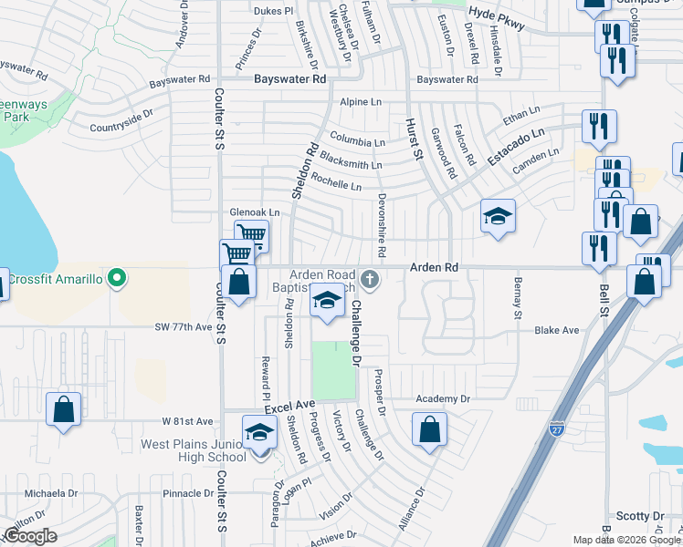 map of restaurants, bars, coffee shops, grocery stores, and more near 7501 Westover Place in Amarillo