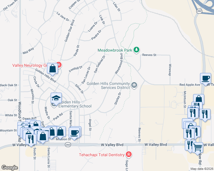 map of restaurants, bars, coffee shops, grocery stores, and more near 21511 Westwood Boulevard in Tehachapi