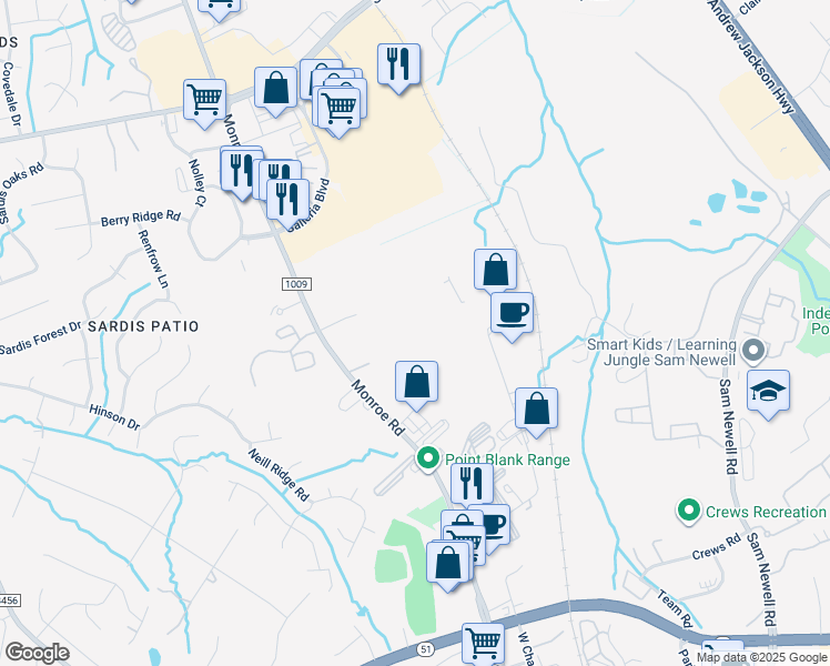 map of restaurants, bars, coffee shops, grocery stores, and more near 10401 Monroe Road in Matthews