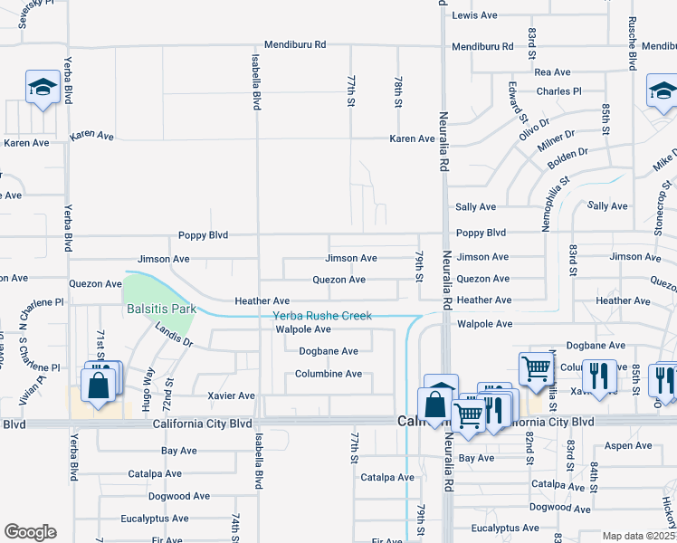 map of restaurants, bars, coffee shops, grocery stores, and more near 7673 Quezon Avenue in California City