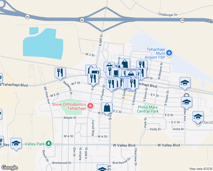 map of restaurants, bars, coffee shops, grocery stores, and more near 225 West F Street in Tehachapi