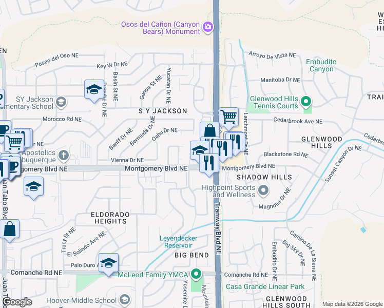 map of restaurants, bars, coffee shops, grocery stores, and more near 4571 Villa Loma Lane Northeast in Albuquerque