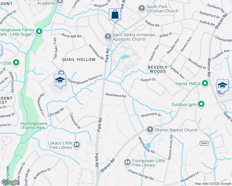 map of restaurants, bars, coffee shops, grocery stores, and more near 3809 Riverbend Road in Charlotte