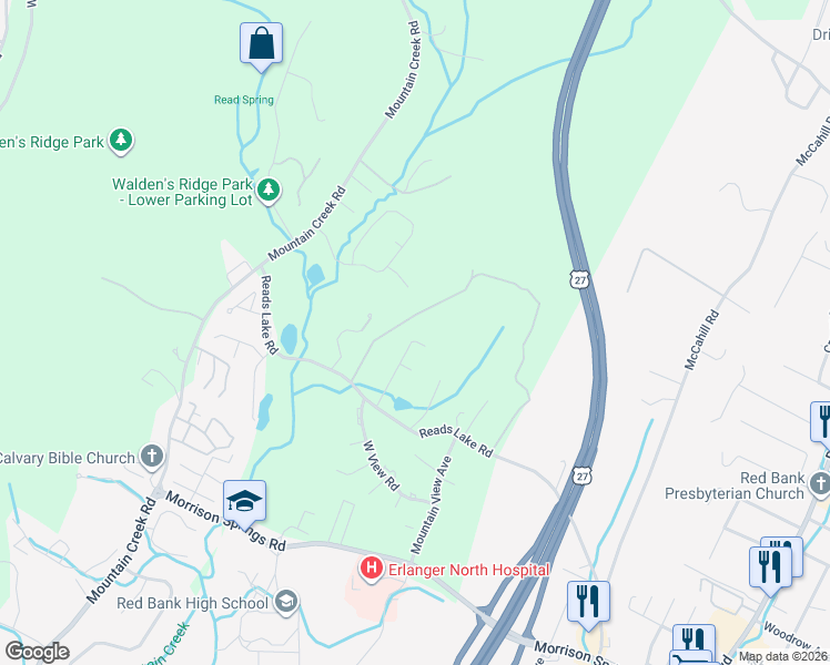 map of restaurants, bars, coffee shops, grocery stores, and more near 4521 Spring Lake Road in Chattanooga
