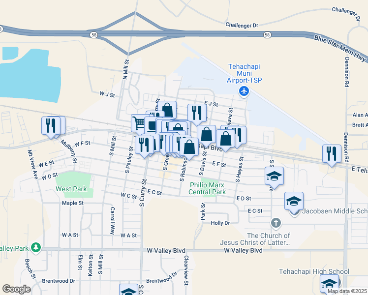 map of restaurants, bars, coffee shops, grocery stores, and more near 128 East Tehachapi Boulevard in Tehachapi