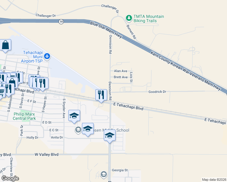 map of restaurants, bars, coffee shops, grocery stores, and more near 100 North Dennison Road in Tehachapi