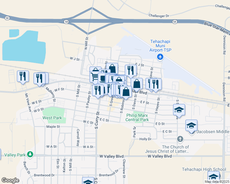 map of restaurants, bars, coffee shops, grocery stores, and more near 110 South Green Street in Tehachapi