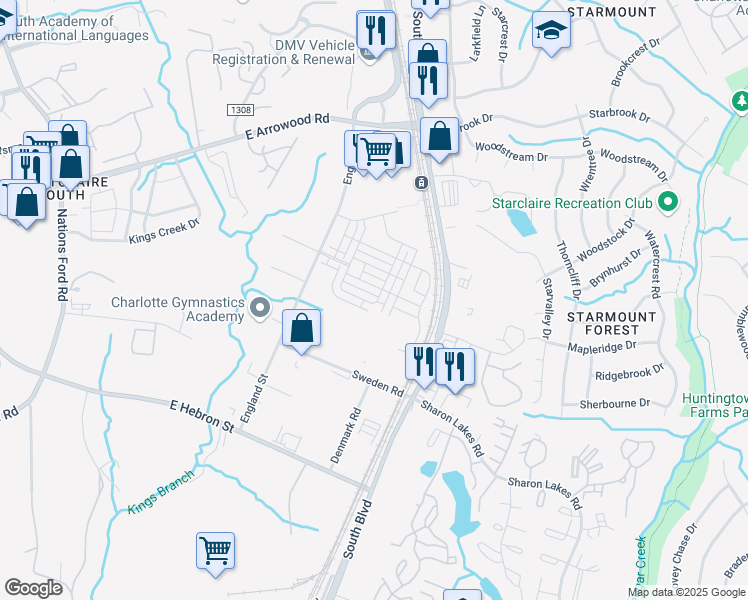 map of restaurants, bars, coffee shops, grocery stores, and more near 9541 Ainslie Downs Street in Charlotte
