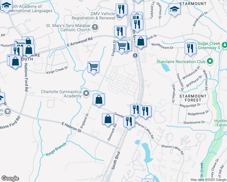 map of restaurants, bars, coffee shops, grocery stores, and more near 7907 England Street in Charlotte